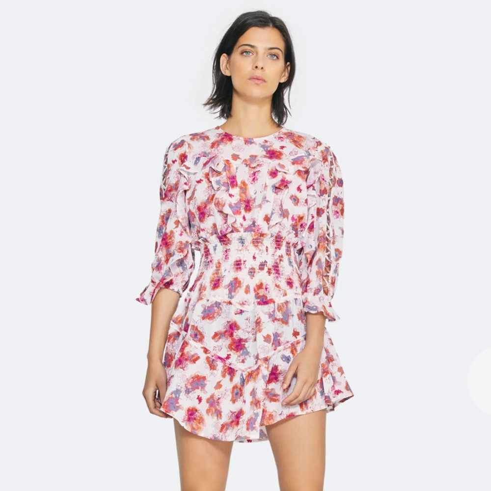 IRO Showoff boho floral mini dress ruffle cotton smocked romantic flowy 8 NWOT
